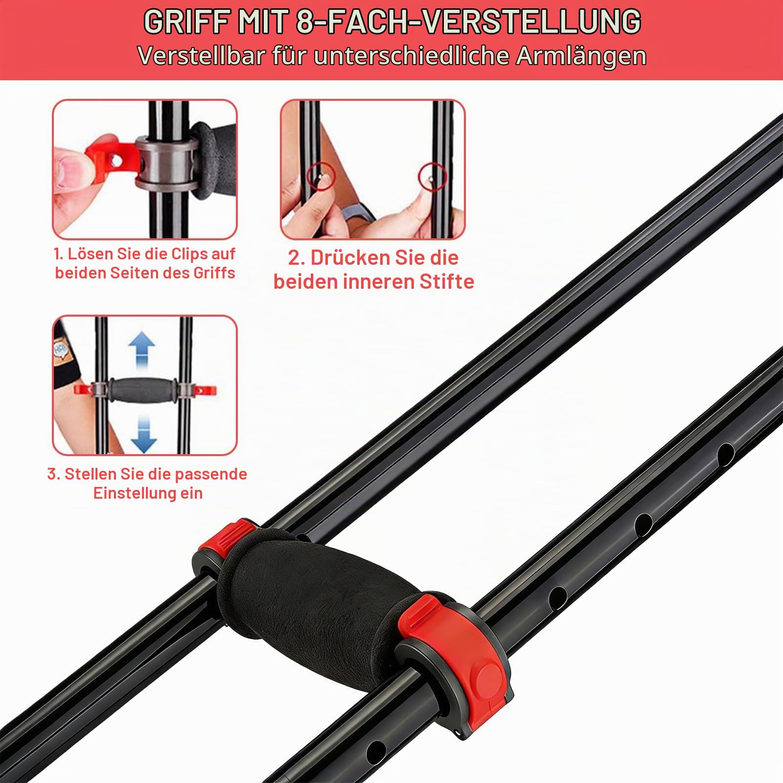 Achselkrücken, 1 Paar Unterarmgehstützen, Höhenverstellbar Krücken, 150KG Belastbar, Leicht Aluminium Universelle Krücken mit Weichen Unterarm- und Handauflagen für Senioren & Behinderte