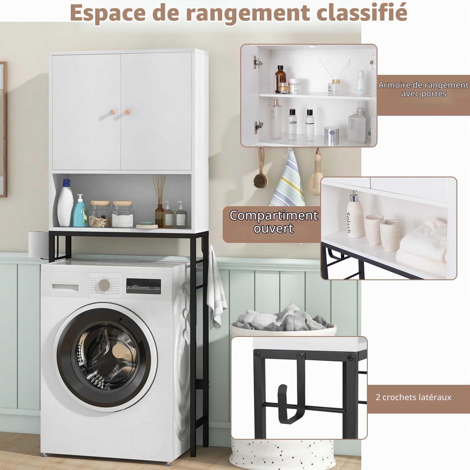 LIFEZEAL Meuble au-Dessus des Toilettes, Meuble Rangement de Salle de Bain avec 2 Portes, Étagères Réglables et 2 Crochets Latéraux, Blanc, 23 x 63 x 165,5 cm