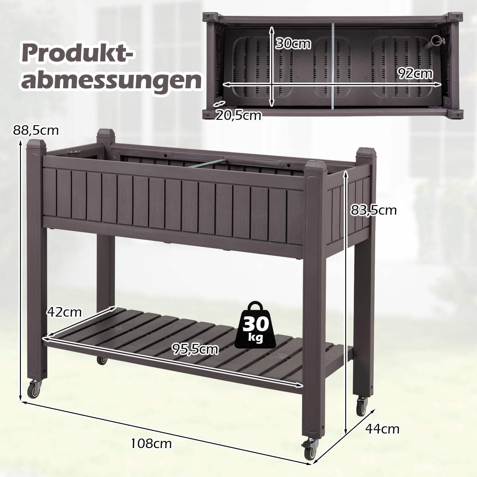 COSTWAY Hochbeet mit Rollen, erhöhtes Gartenbeet mit Ablage, Wasserstandsanzeiger & Ablauflöchern, Kräuterbeet Gemüsebeet, aus Kunststoff und Metall, Pflanztisch für Balkon Garten Terrasse, Braun