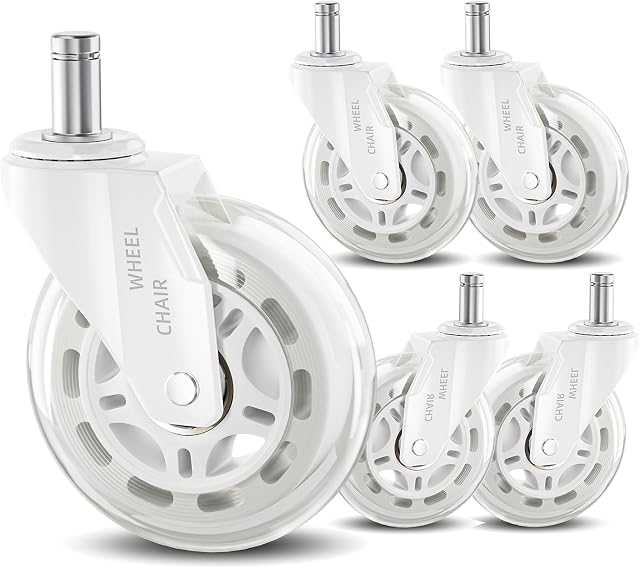 White Office Chair Wheels 3" Roller Blade Rubber Chair Casters Replacement, Heavy Duty Quiet No Scratch Gaming Chair Wheel for Hardwood Floor Carpet, Set of 5, 11mm Universal Fit/Not for 1KEA