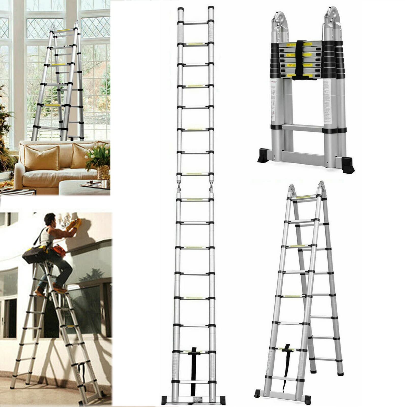 Échelle télescopique pliable 2,5 m + 2,5 m - Cadre A 8 échelons - En acier inoxydable - Échelle extensible - Charge maximale : 150 kg - EN131