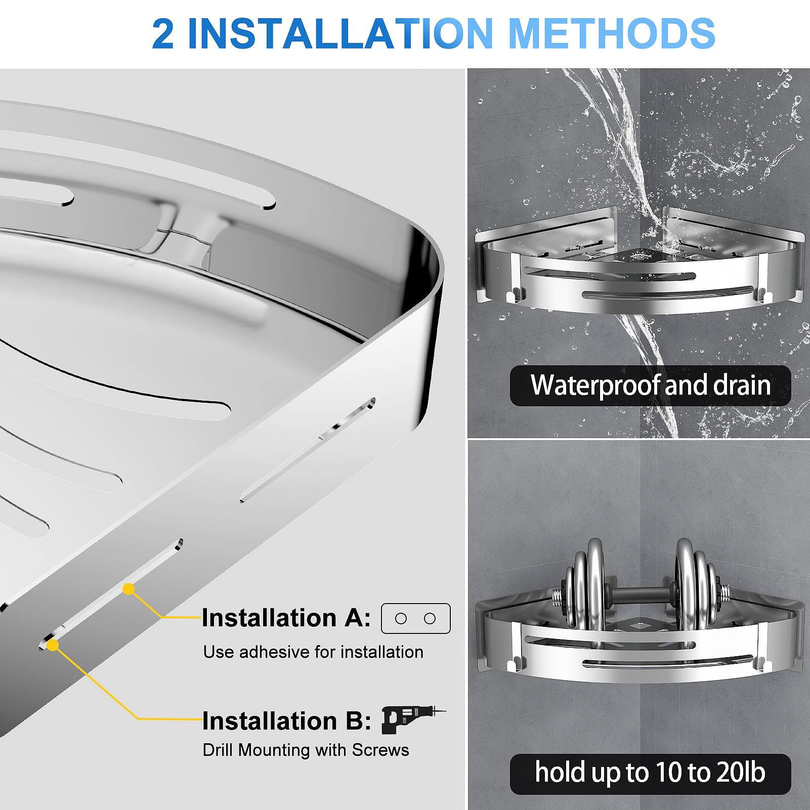 PNNP Mensola Doccia Angolare Senza Foratura 2 Pezzi, Portasapone doccia Adesiva Portaoggetti Doccia Acciaio Inox con 4 Ganci, Porta Oggetti da Bagno per Shampoo Sapone Bagnoschiuma (Argento)
