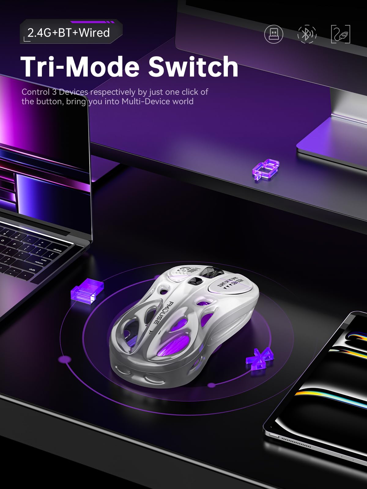 FMOUSE Mouse wireless Tri-Mode (2.4G/Bluetooth/Wired), design cavo, RGB, 4800 DPI, ricaricabile di tipo C per Mac/Laptop/iPad (gioco/ufficio), sfumato bianco e grigio