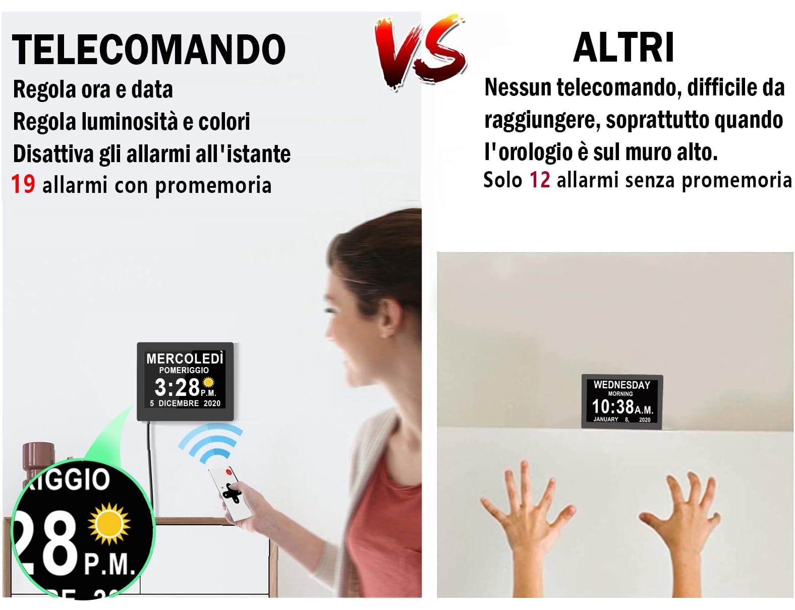 Véfaîî Sveglia Digitale Orologio Parete 2.0, 19 Allarmi & Promemoria Personalizzati, 10 Opzioni Oscuramento Automatico, Datario Non-Abbreviato per Anziani Ipovedenti Demenza, con Telecomando