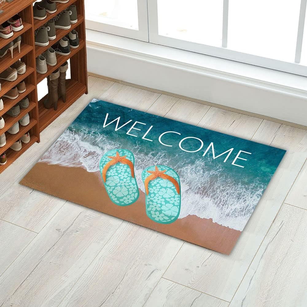 Flip Flops Welcome Door Mat,Ocean Sea Beach Blue Door Mats Kitchen Floor Bath Entrance Rug Mat Doormats 23.6" x 15.7"
