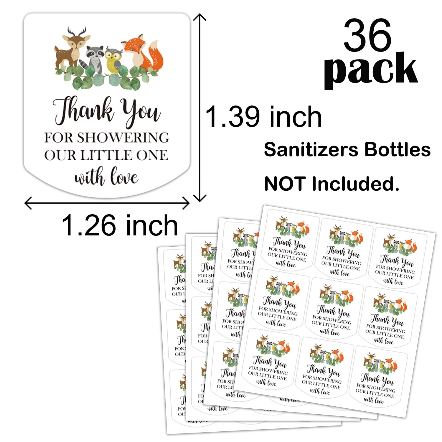 Etichette disinfettanti per le mani con scritta "Thank You for Showering Our Little One with Love", adesivi per bomboniere per baby shower, bomboniere safari, colore verde, 3,2 x 3,5 cm