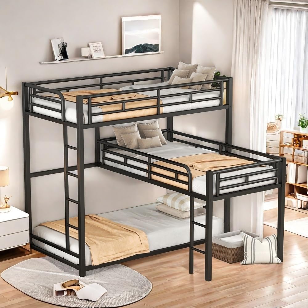 SOFTSEA L-Shaped Corner Bunk Bed for Teens, Metal Triple Bunk Bed for Kids, 3 Beds in One, Space Saving