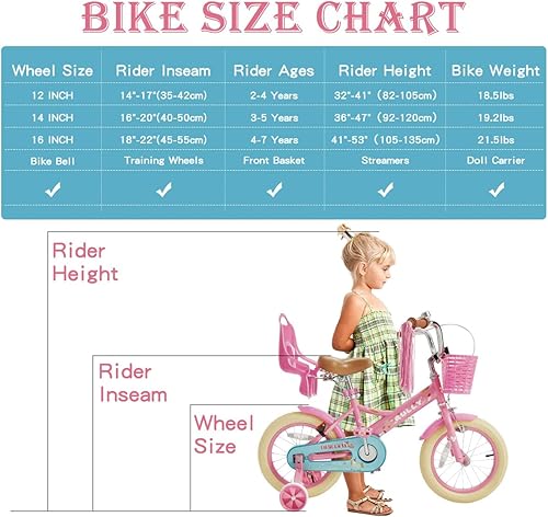Miniatura 6 de RULLY Bicicleta infantil de 12, 14, 16 pulgadas, para niñas de 2 a 7 años, ruedas de entrenamiento incluidas, bicicletas para niñas con canasta,