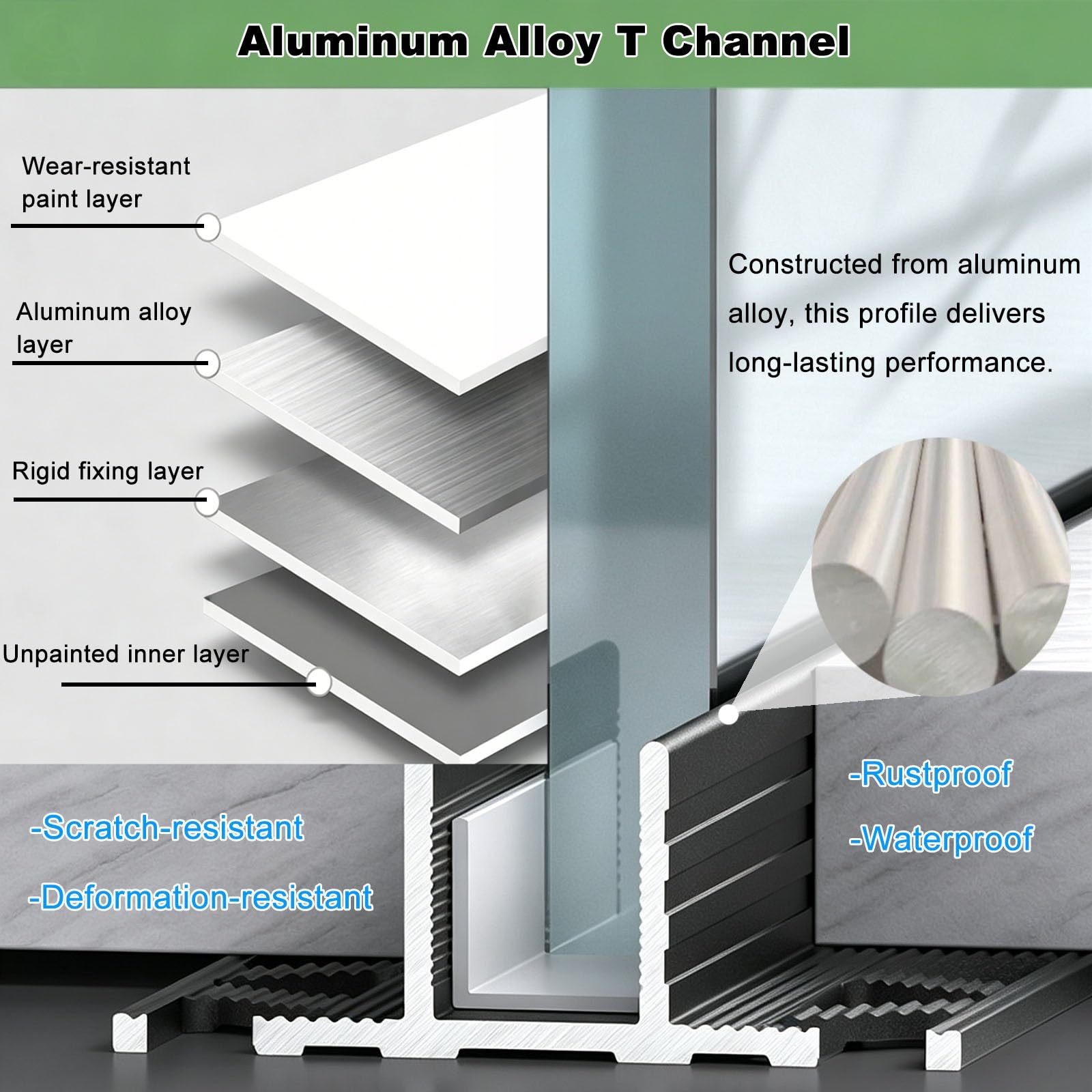 Perfil de aluminio tipo T para mampara de ducha con junta de PVC | Estructura sólida, perfil resistente al óxido e impermeable, canal de sujeción para el cristal(10mm Gray,150cm/59.1")