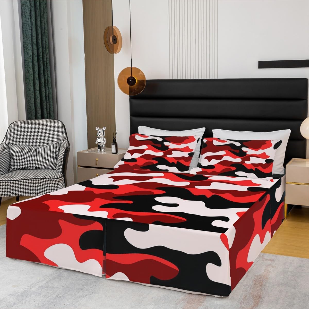 Camouflage Bed Skirt Kids Red Camo Bed Skirts, Minimalist Campaign Camo Bedskirt for Boys Teens Adult Women Bedroom Decor, Abstract Colorful Camouflage Bedding Set with 2 Pillow Cases, Queen Size