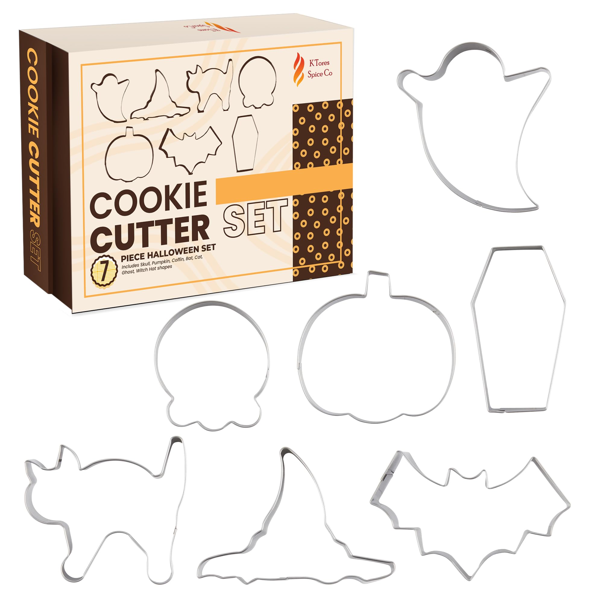 K'Tores Spice CoFall Cookie Cutters - Halloween Cookie Decorating Kit - 7 Piece Stainless Steel Set with Pumpkin, Skull, Coffin, Bat, Cat, Ghost, Witch Hat Cookie Cutter Shapes