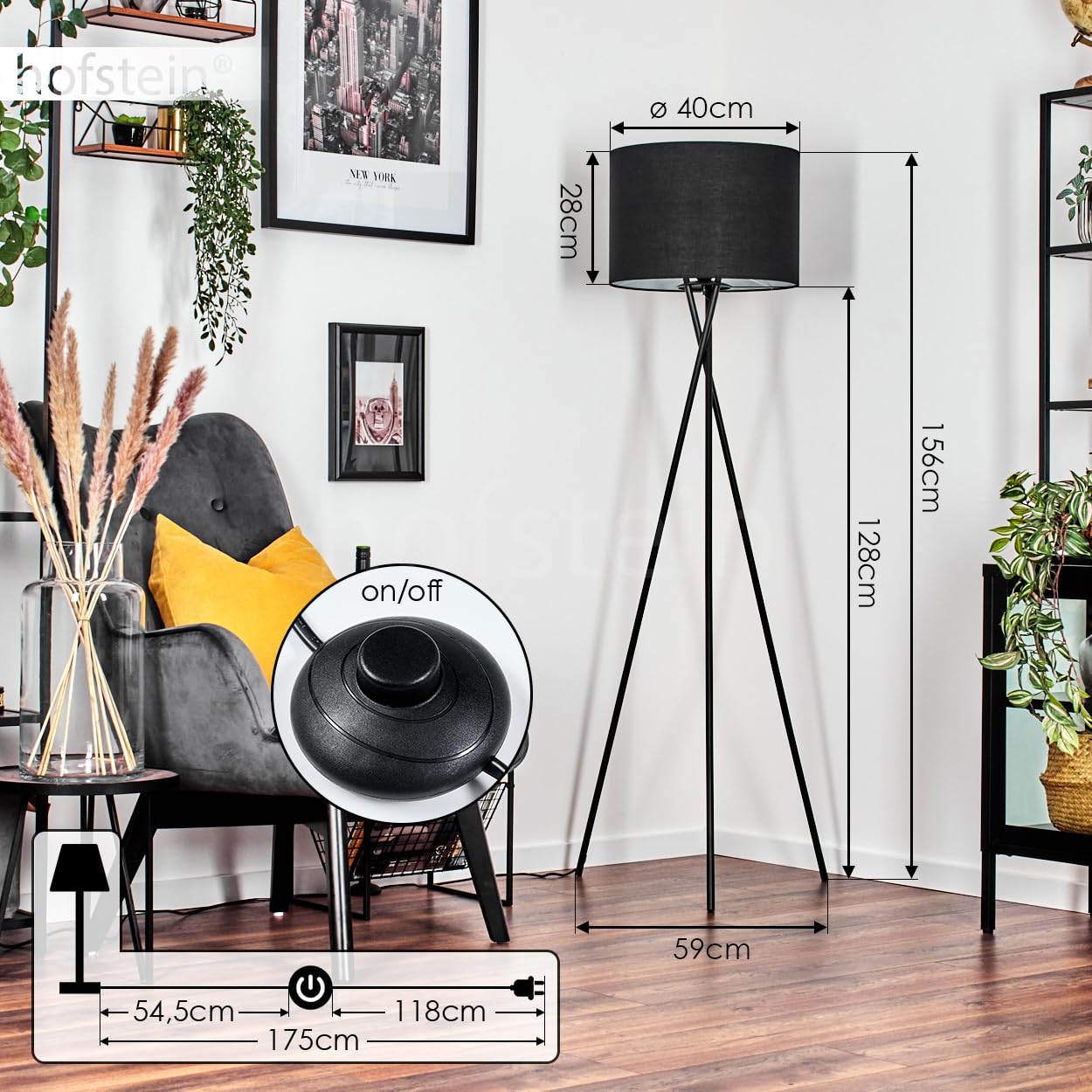 Stehleuchte Bassagoda, Stehlampe aus Metall/Stoff in Schwarz/Weiß, Leuchte im modernen Design mit rundem Schirm (Ø 40 cm) u. Fußschalter, Höhe 156 cm, 1 x E27, ohne Leuchtmittel