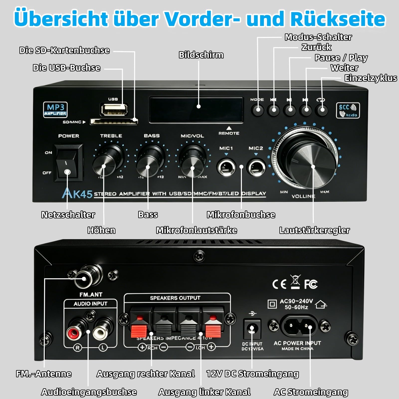 AK45 HiFi wzmacniacz Bluetooth Mini Stereo Audio Receiver 2.0-kanałowy wzmacniacz dźwięku z radiem FM, wejściem na kartę SD/USB, mikrofon do karaoke, regulator basów i wysokości, do domu, samochodu
