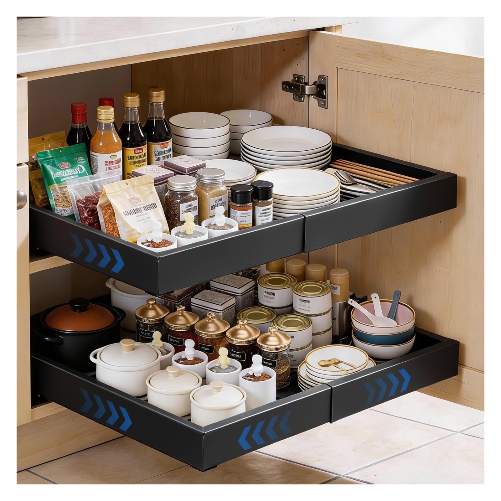 2 Pcs Cajones Extraibles para Cocina (32 CM-52 CM), No Requiere Taladrado, Fabricado en Acero al Carbono, con Guías Deslizantes Silenciosas, Adecuado para Encimeras y Armarios de Cocina