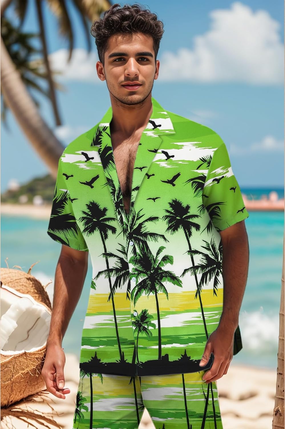 Cromoncent Boy and Men Hawaiian Outfits Short Sleeve Shirts and Shorts Hawaiian Suits Beach Tropical 2 Pcs Vacation Sets