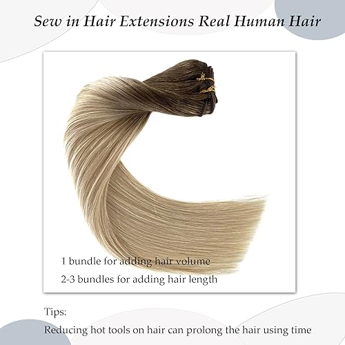 Miniatura 5 de Extensiones de cabello humano real, 20 pulgadas, 3.53 oz, extensiones de cabello humano degradado castaño cenizo a rubio, atadas a mano, extensiones