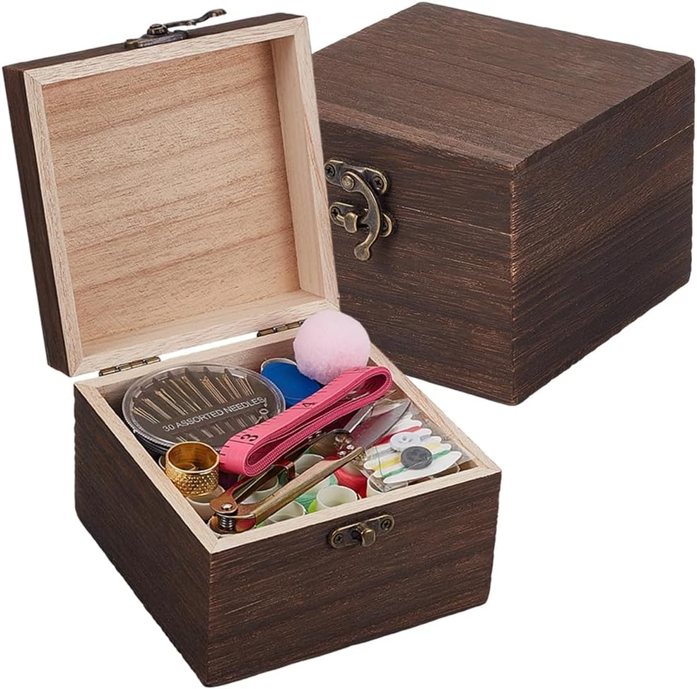 Small Mini Wood Sewing Kit Box Portable Needle Thread Upholstery Repair Basic with Supplies Universal Wooden Organizer for Sew Machine Beginners Adults Home Craft Emergency Clothing Repairs
