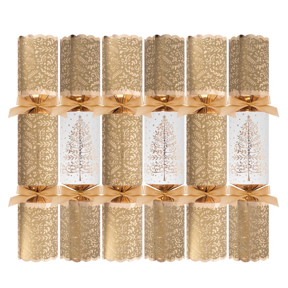YöL Pack of 6 Deluxe White Gold Tree Christmas Crackers - 13.5" Metallic Festive Xmas Holiday Dinner Table Decorations - Novelty Fun Prizes Gifts Contains Hats Jokes