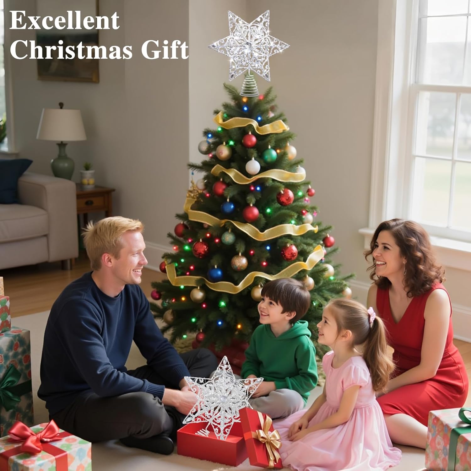 Lewondr Christmas Tree Topper, 3D Glitter Star Tree Topper with 30 LEDs & Remote Control, 8 Lighting Modes, Auto Timer, USB Powered, Christmas Tree Decoration for Home Party, White