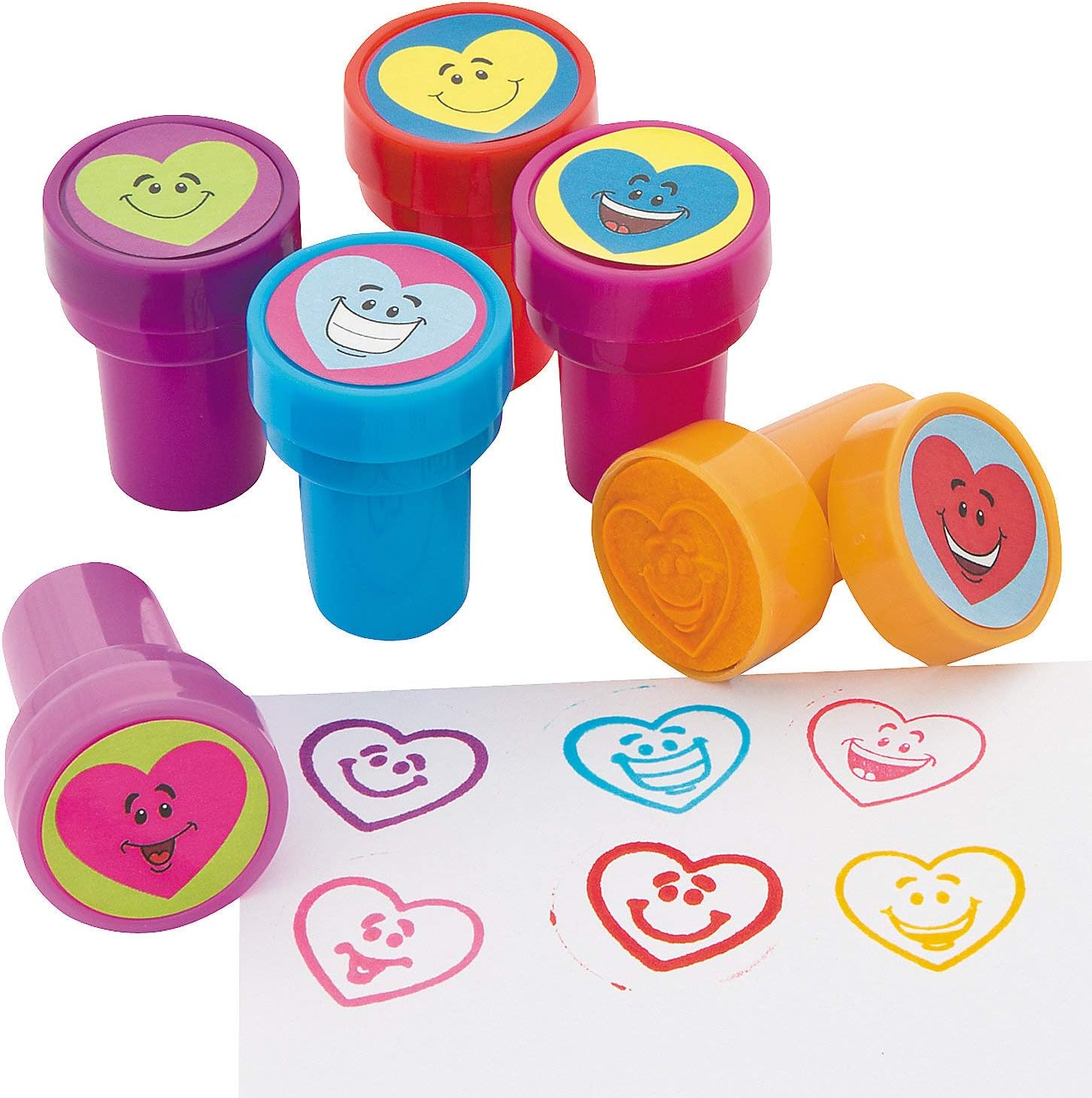 Fun Express Valentines Day Gifts for Kids Classroom - Heart Smiley Stampers Bulk 24 Pack | Valentine Party Favors, Goodie Bag Stuffers & Treasure Box Prizes | Safe Non-Toxic Stamps for Teachers