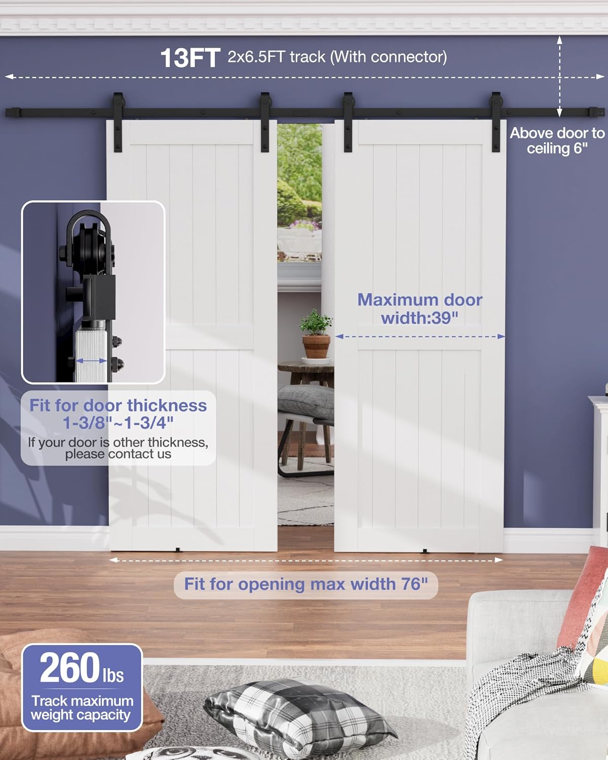 ZEKOO 13 FT Barn Door Hardware Kit for Cabinet Closet, Sliding Door Hardware for Double Barn Door, Heavy Duty Black Barn Door Track with Steel Hanger, Slide Smoothly Quietly, Easy Install