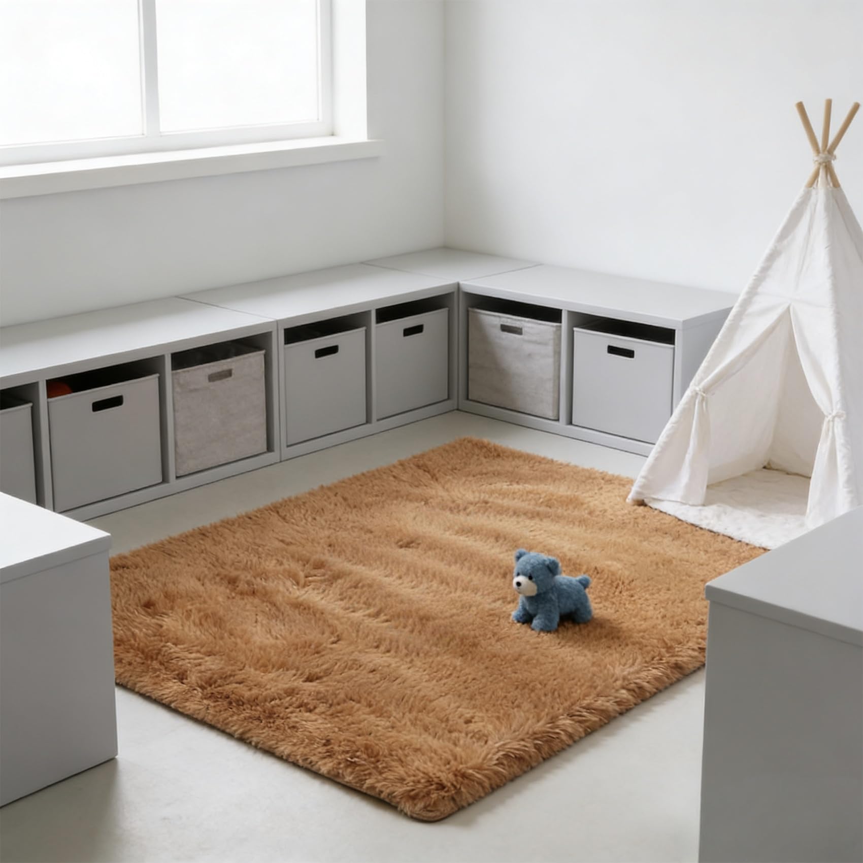 Tapis de salon marron 160x160 antidérapant et tapis de chambre doux