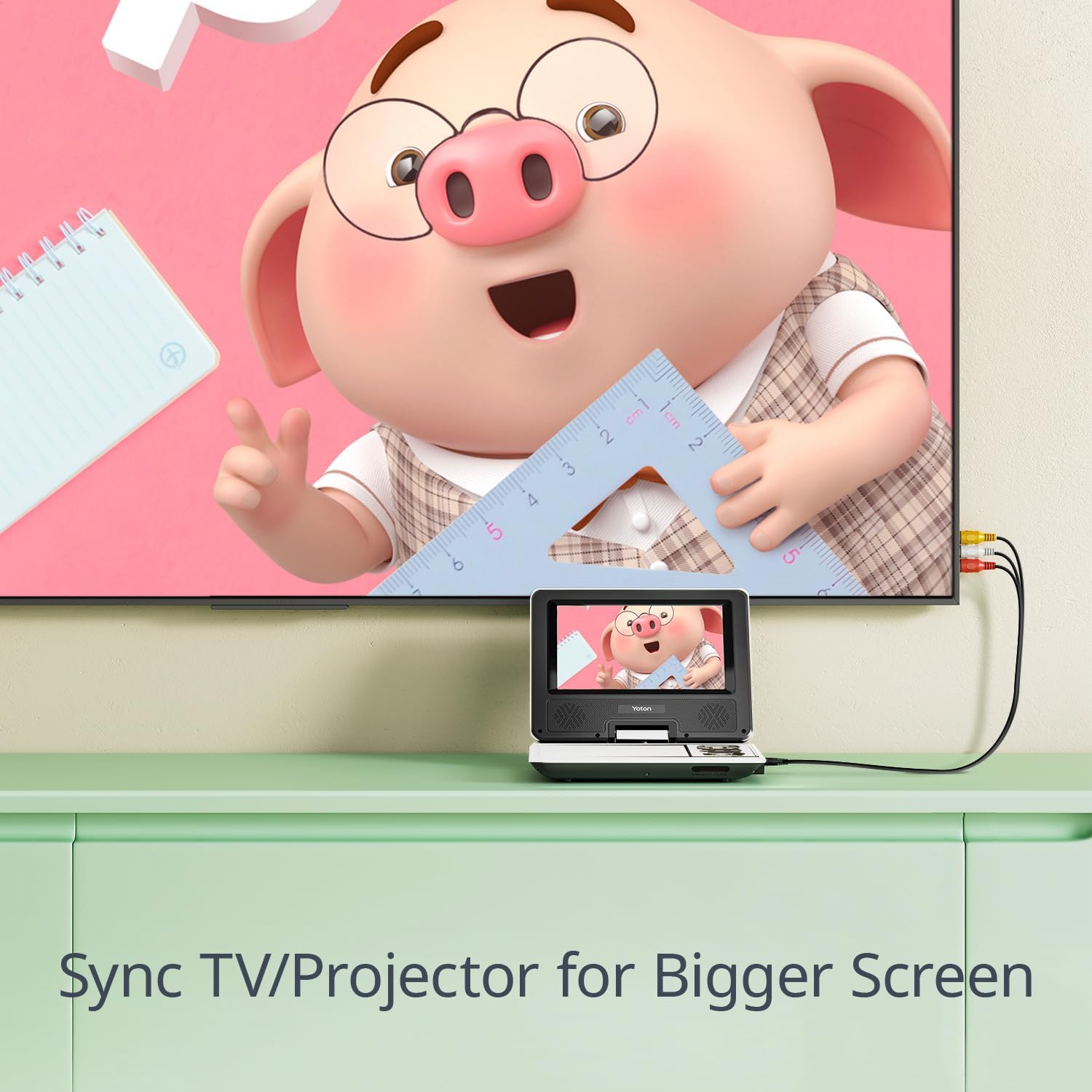 YOTON Portable DVD Player connected to a television via AV cables for a larger screen viewpieredzi.