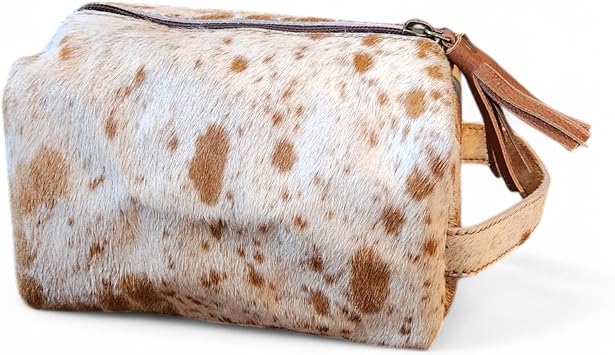 Ranch Junkie Mercantile Genuine Cowhide Handcrafted Cosmetic Pouch Highlands Cowhide Makeup Bag Caramel Cowhide Mix
