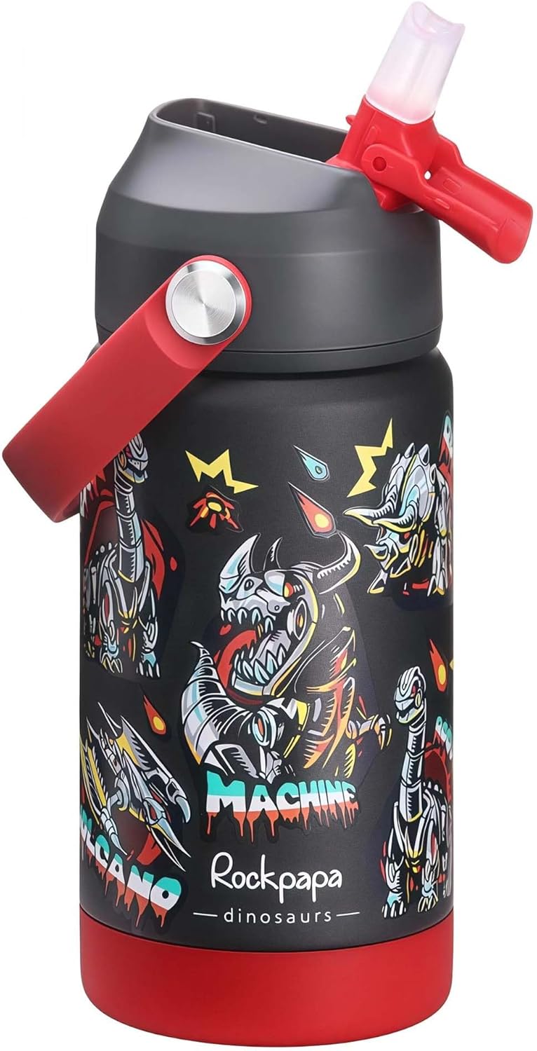 rockpapa 14 oz Kids Insulated Water Bottle,Stainless Steel Toddler Cups with Straws, BPA Free, Leak-Proof, Kids Water Bottle for School Boys&Girls (Black Dinosaur)