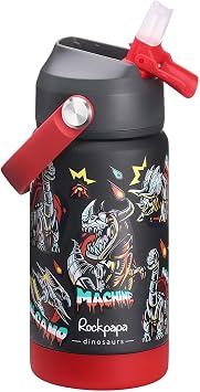 rockpapa 14 oz Kids Insulated Water Bottle,Stainless Steel Toddler Cups with Straws, BPA Free, Leak-Proof, Kids Water Bottle for School Boys&Girls Black Dinosaur