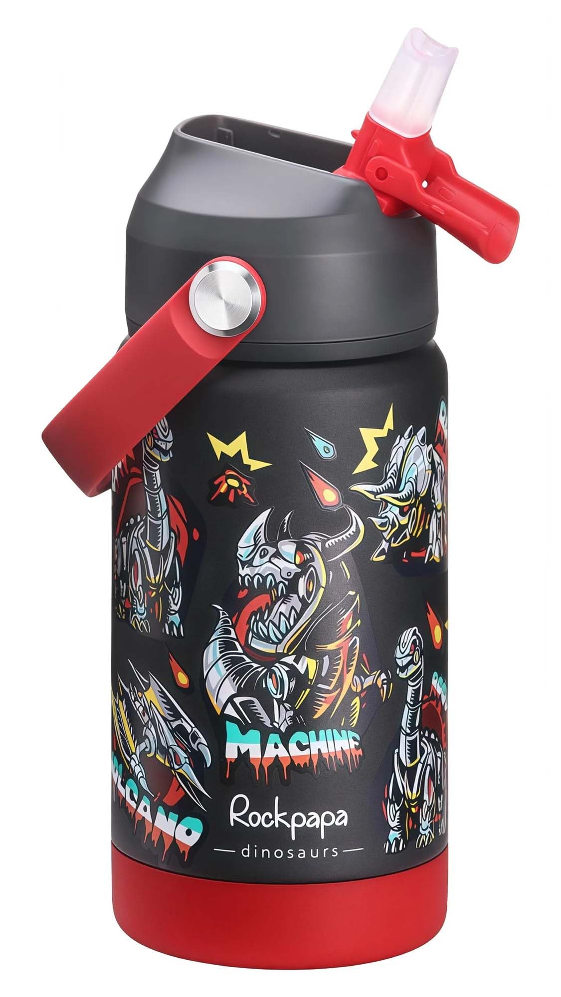 Rockpapa Kids Insulated Water Bottle with Straw, BPA-Free, 18/8 Stainless Steel, Leak Proof, 14OZ Metal Cup Water Bottle for School Boys Girls (Black Dinosaur) โ image 1