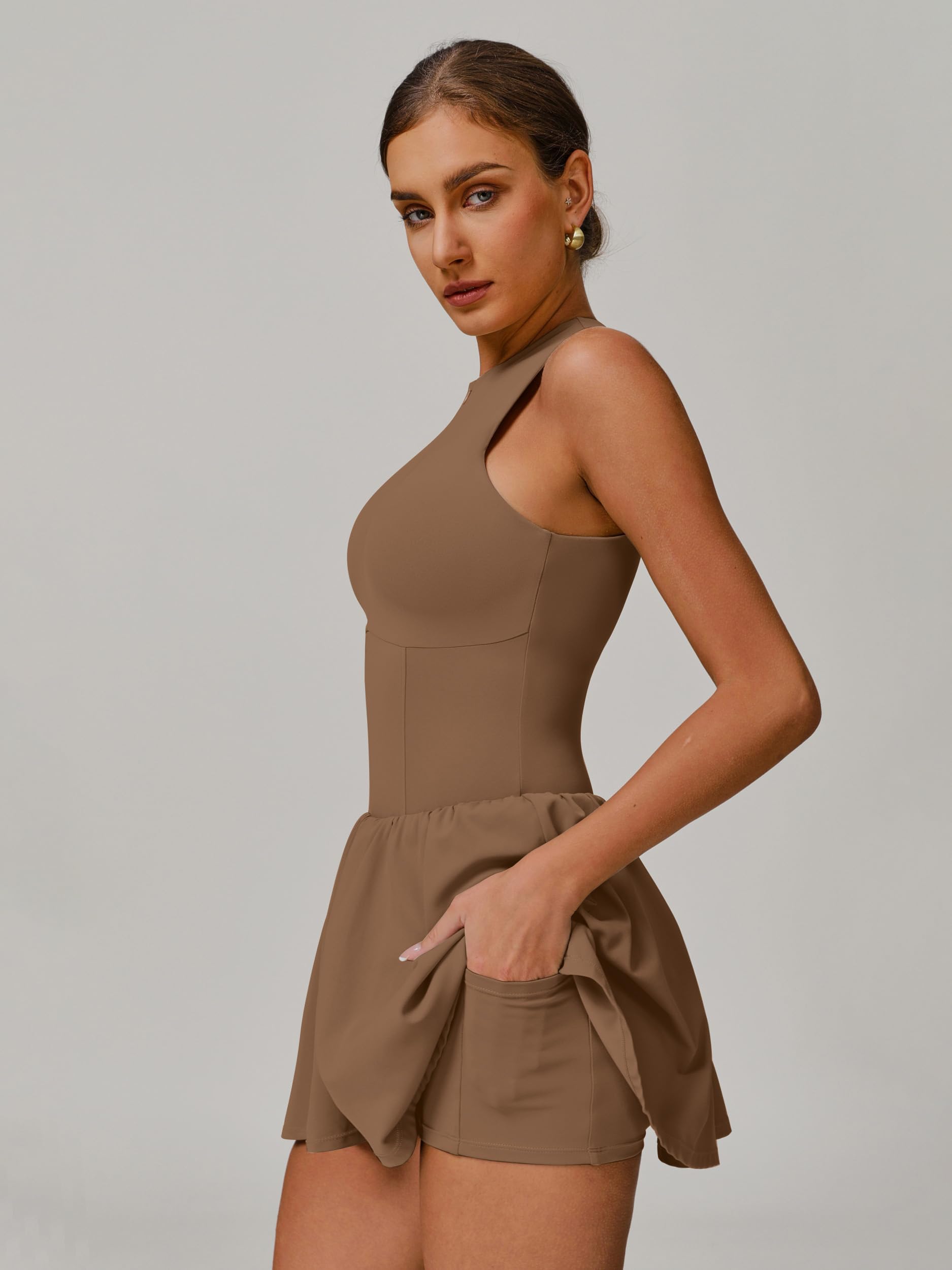 Vestito da tennis da donna, con chiusura lampo, con reggiseno integrato, pantaloncini con tasca, linea ad A, senza maniche, mini abito sportivo, da golf, sportivo