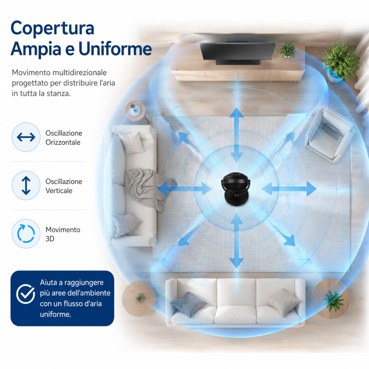 Ventilatore a Piantana Silenzioso 23 dB con Motore DC, Circolatore d'Aria 3D Oscillante, 6 Velocità, Telecomando, Controllo Vocale Smart, Timer, Altezza Regolabile, 2 in 1 per Casa e Ufficio