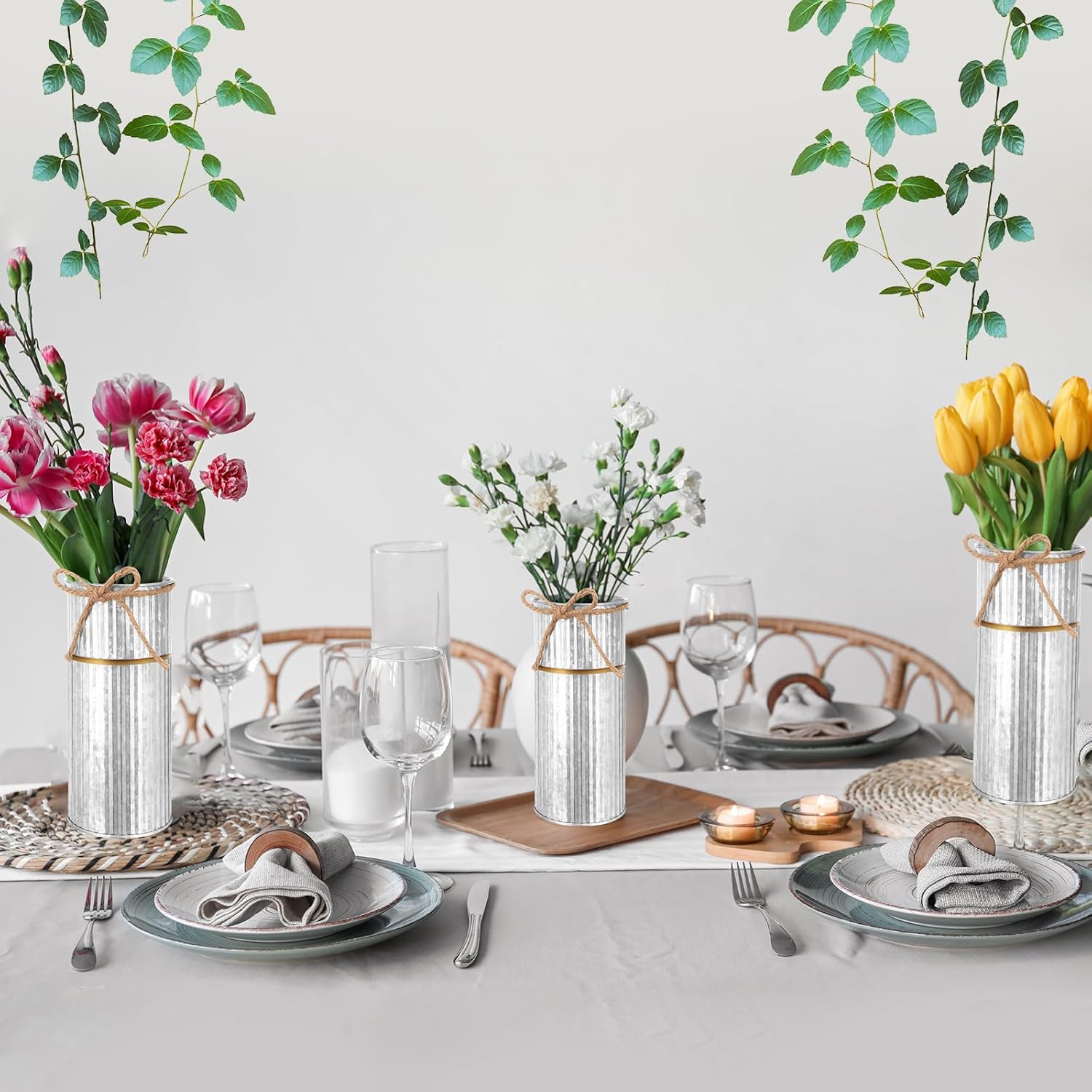Mimorou 8 Pcs 7.48 Inch Wedding Vases for Centerpieces Mason Jars with Twine Bow Galvanized Metal Flower Vase Rustic Vintage Farmhouse Tin Bucket for Wedding Home Table (Silver)