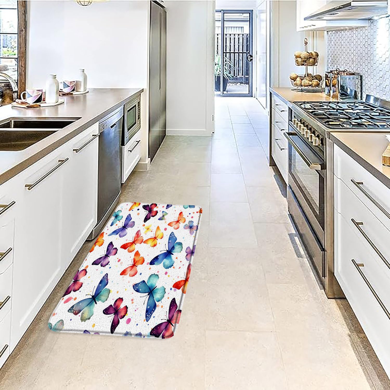 Butterfly Bath Mat Colorful Butterflies Watercolor Wild Animals Aesthetic Memory Foam Bathroom Kitchen Bedroom Livingroom Soft Floor Rug, 24"x47"