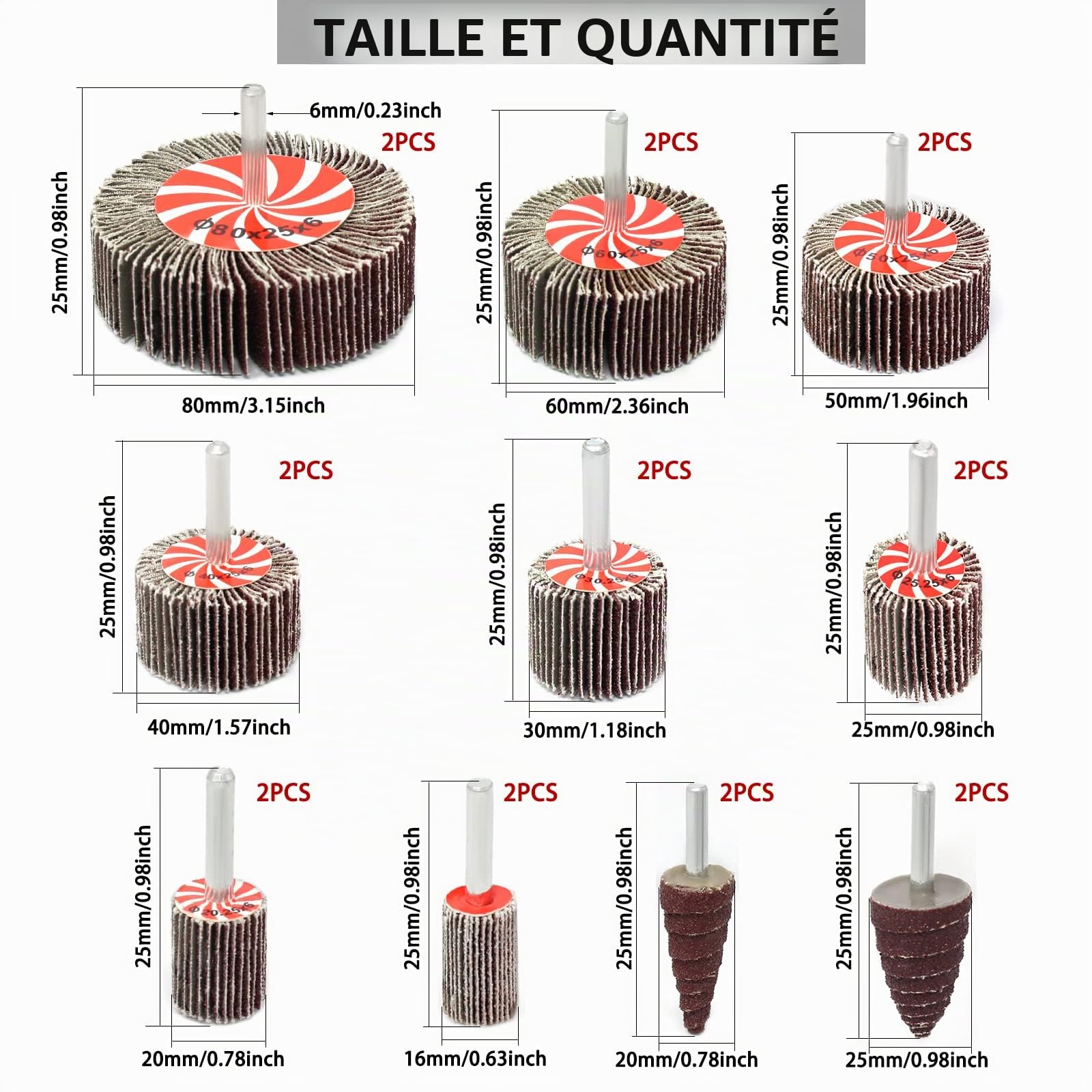 20 Pcs Roue à Lamelles,Polissoir à Lamelles 10 Tailles,80 Grains Abrasif Roue de Polissage,Jeu de Meuleuses à Lamelles pour Outils Rotatifs Dremel