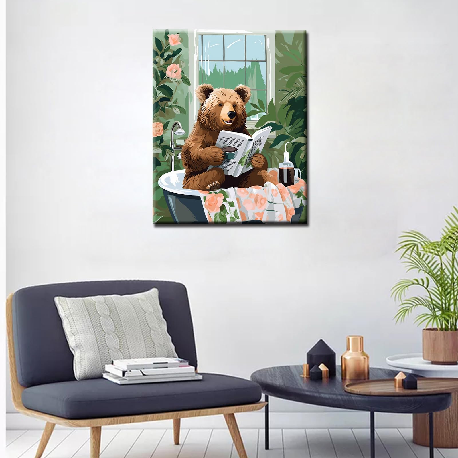 Bear Reading Book in Bathtub 1P Canvas Room Wall Creative Pictures Animal Poster Prints Bathroom Cute Bear Artwork Funny Bathroom Living Room Home Decor Framed Gallery-Wrapped Ready to Hang 16x24inch - Image 3