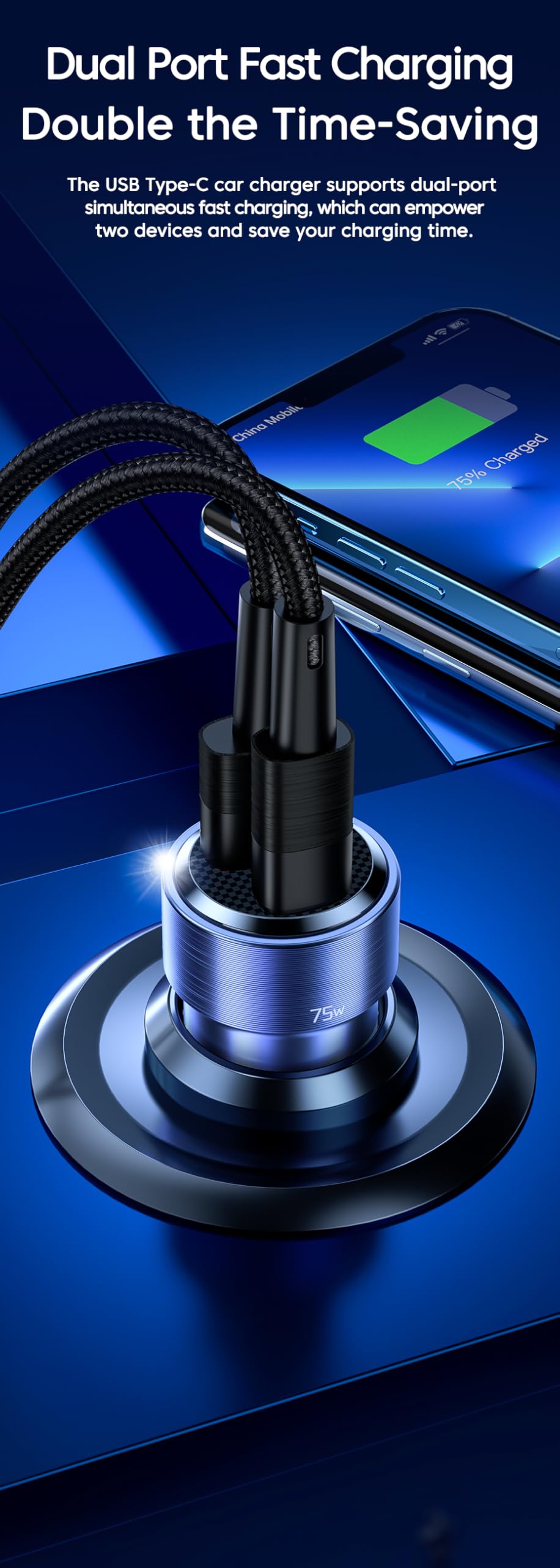 TOOCKI Podwójne gniazdo USB 75 W, 1 x USB-A i 1x USB-C PD 45 W, do gniazda samochodowego 12V/24 V, przezroczysta konstrukcja, chronione ładowanie, kompatybilne z iPhone, Samsung, iPad, MacBook,
