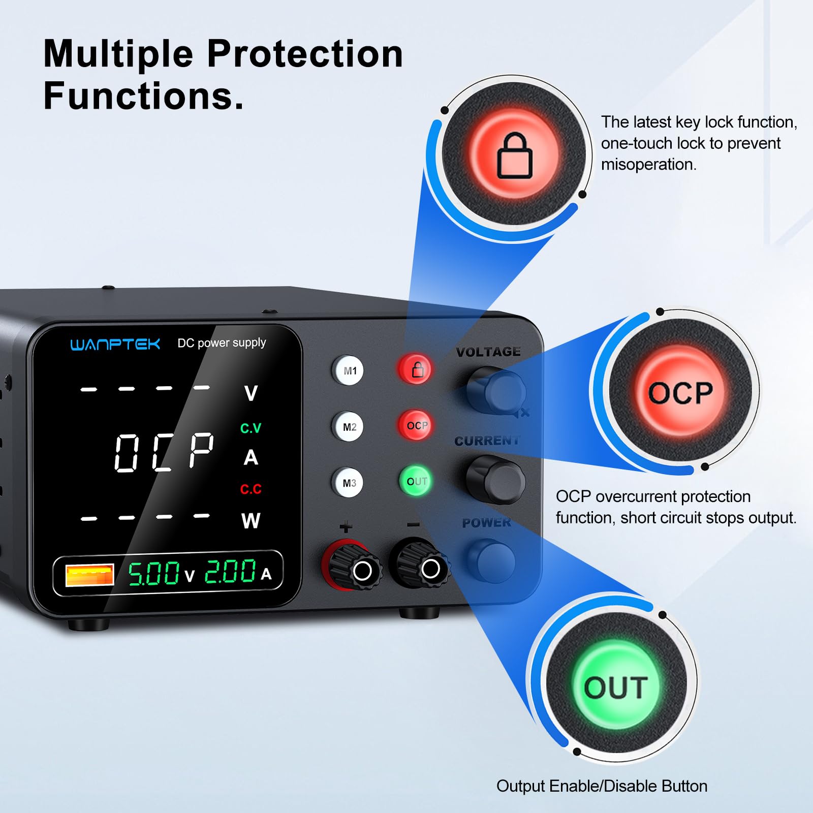 Fuente Alimentacion Regulable, Fuente Laboratorio 30V 10A Ajustable con 3 Memorias y Llave de Bloqueo, Protección OCP/Salidas/Carga Rápida USB con Pantalla
