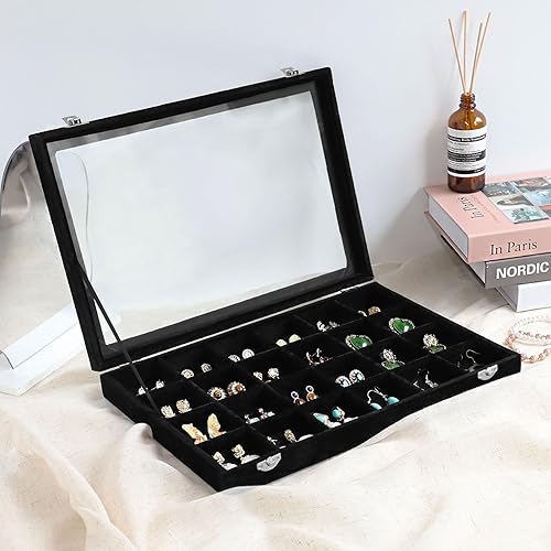 Miniatura 4 de Wudygirl Organizador de joyas, bandeja de joyería de 24 rejillas con tapa transparente, caja de joyería de terciopelo para aretes, organizador