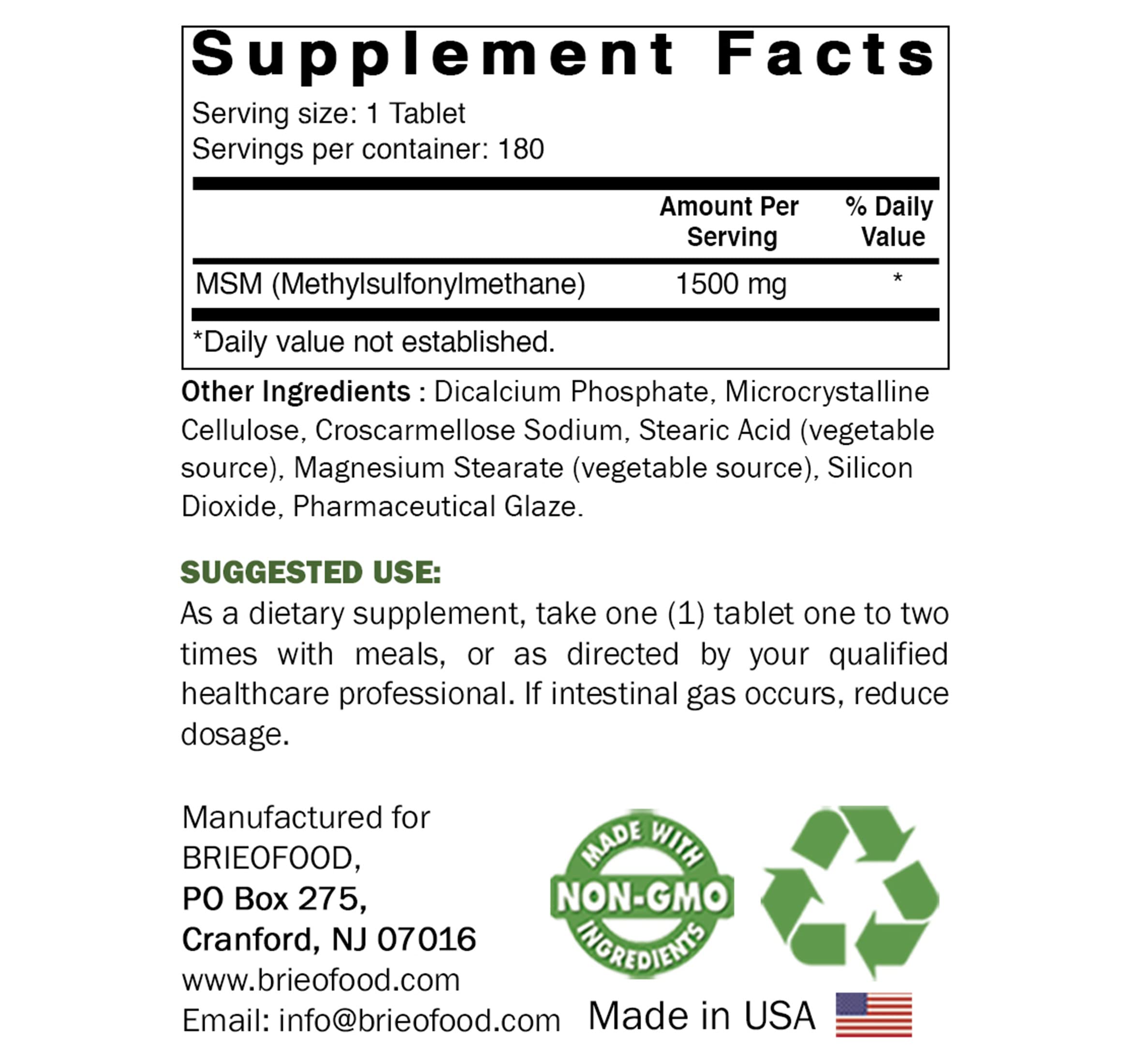 Brieofood MSM Supplement 1500mg per Tablet - Methylsulfonylmethane Powder Tablet — Amazon image 2