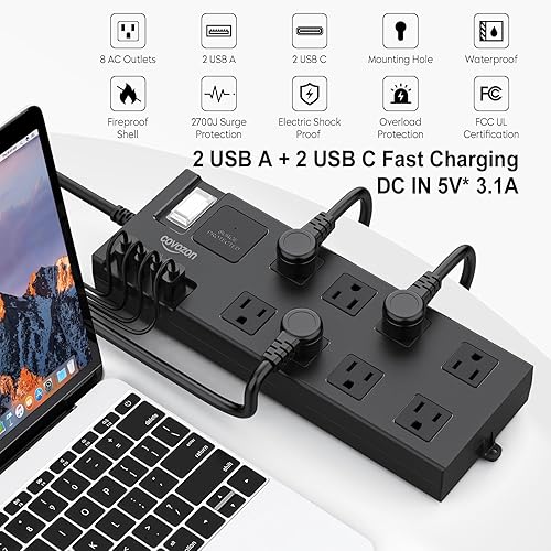 Miniatura 2 de Regleta protectora de sobretensiones impermeable, cable de extensión para exteriores, múltiples salidas con USB A + C, carga rápida, caja eléctrica