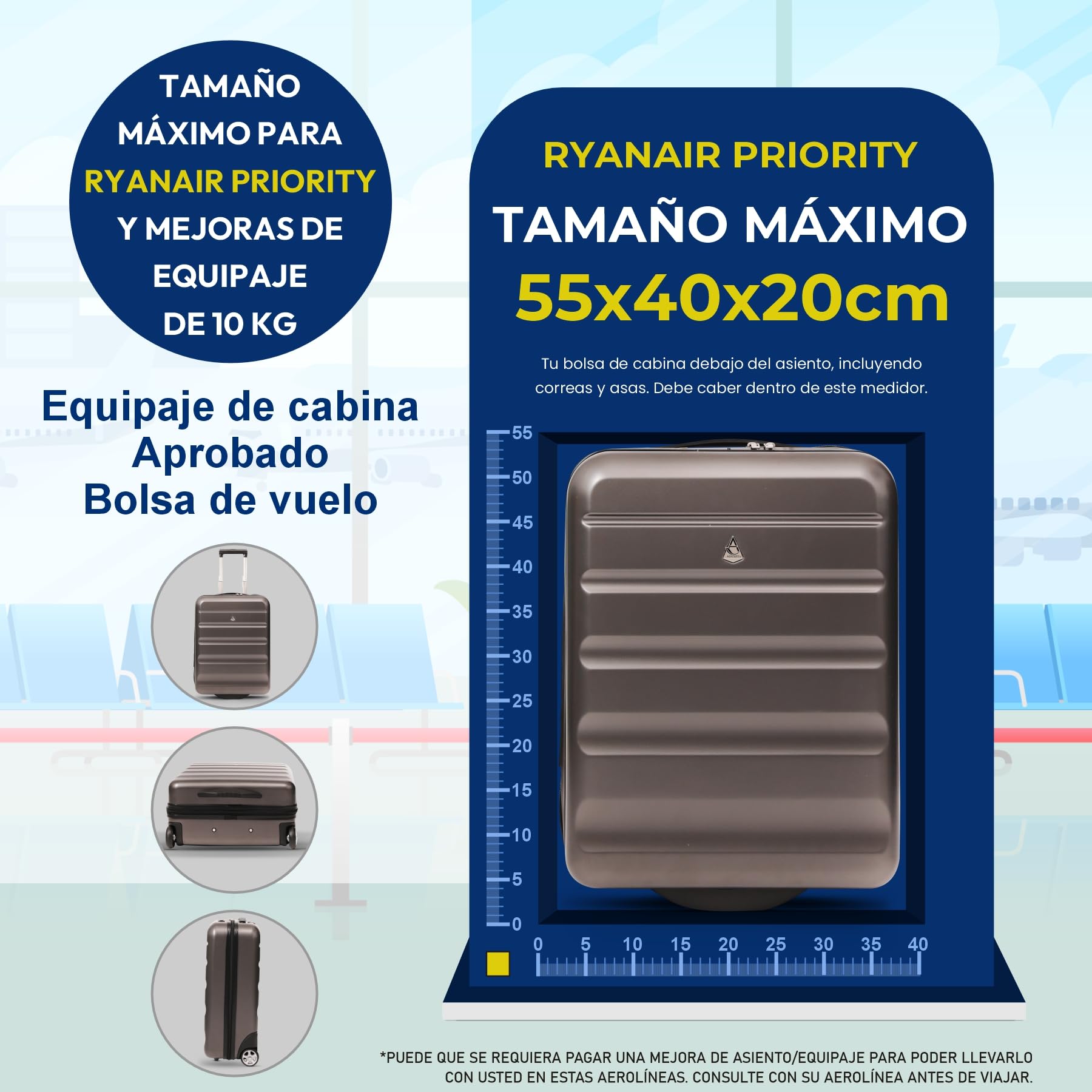 Aerolite 55x40x20cm Maleta de cabina Equipaje de mano rígida ligera 55x40x20 con 2 ruedas y Candado aprobado por la TSA, Aprobada por Ryanair Prioridad, Veuling Tap Portugal y muchas otras Aerolíneas