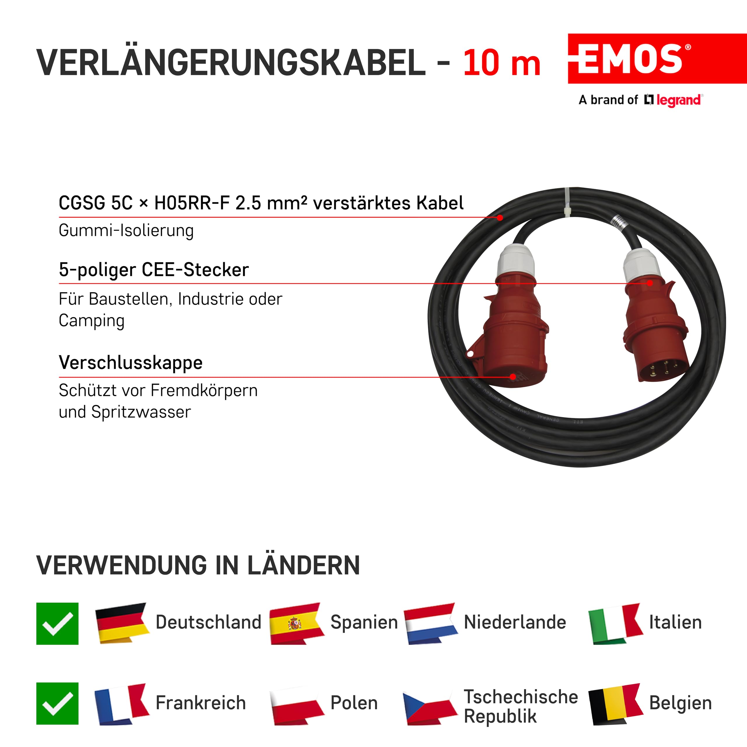 Kabel przedłużający CEE 5-biegunowy wtyk / 10 m / 5x 16 A / 400 V / 3-fazowy / 2,5 mm / IP44 / czarny