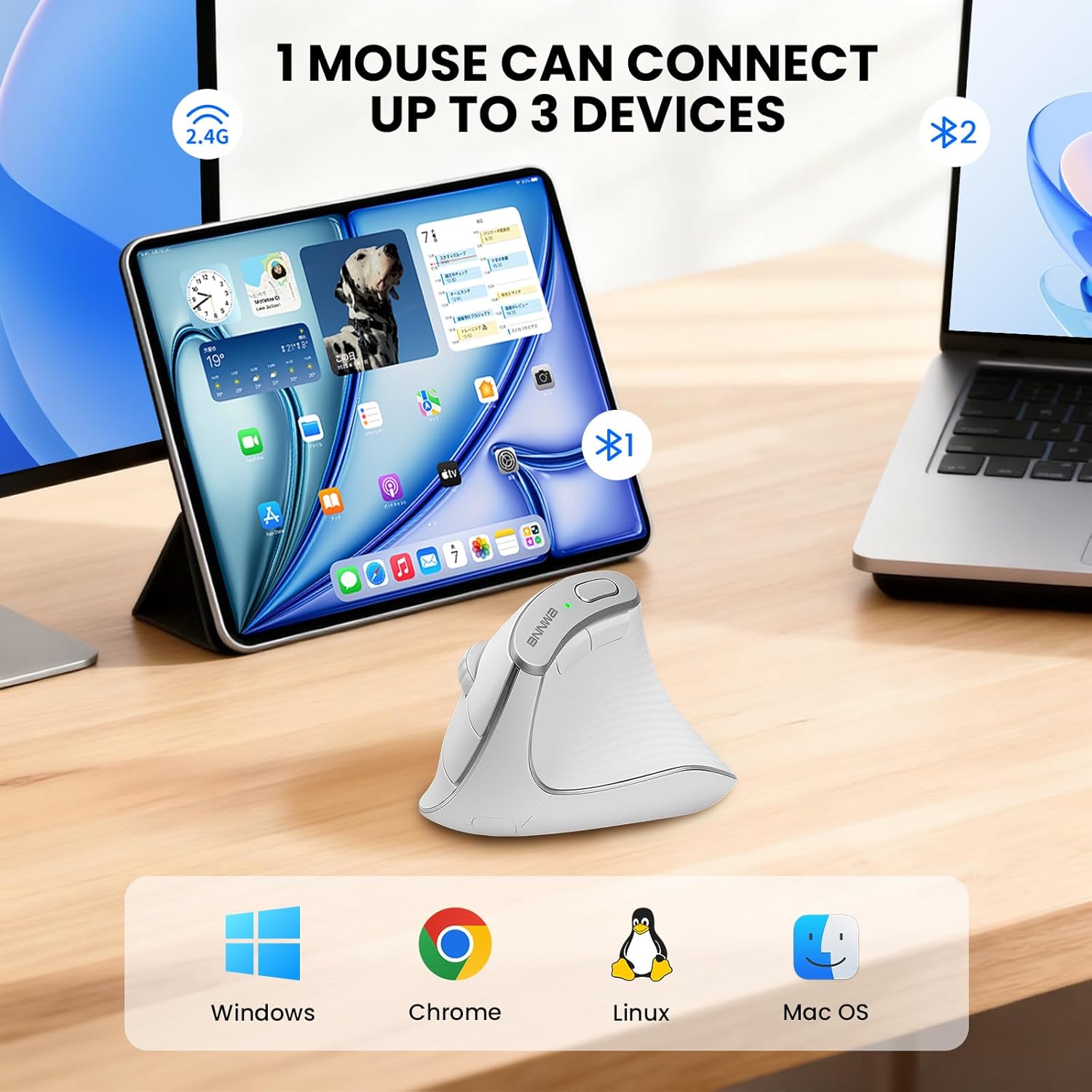 Bnnwa vertical mouse connected to a tablet and laptop via 2.4G and Bluetooth.