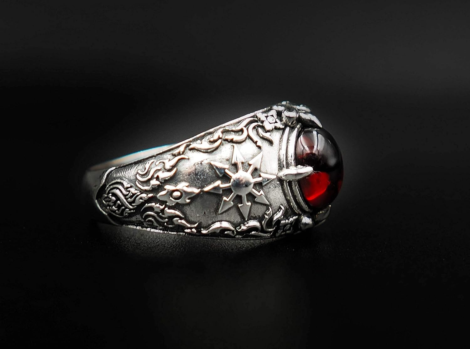 Garnet Gothic Magic Chaos Star Crossed Ring for Women's and Men's Ring 925 Sterling Silver Size 6-15