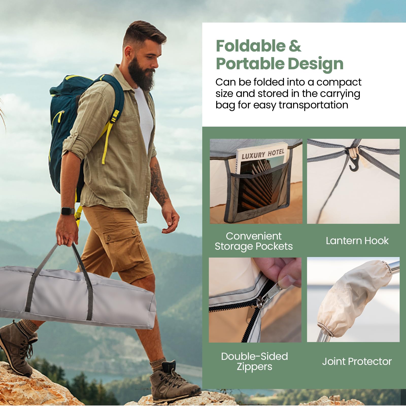 HOMASIS Tenda Campeggio Esagonale per 4-6 Persone, Tenda Pop-up Automatica con Doppia Porta e Borsa da Trasporto, Tenda Famigliare con Zanzaziera per Escursioni, Spiaggia, 330 x 270 x 200 cm, Beige
