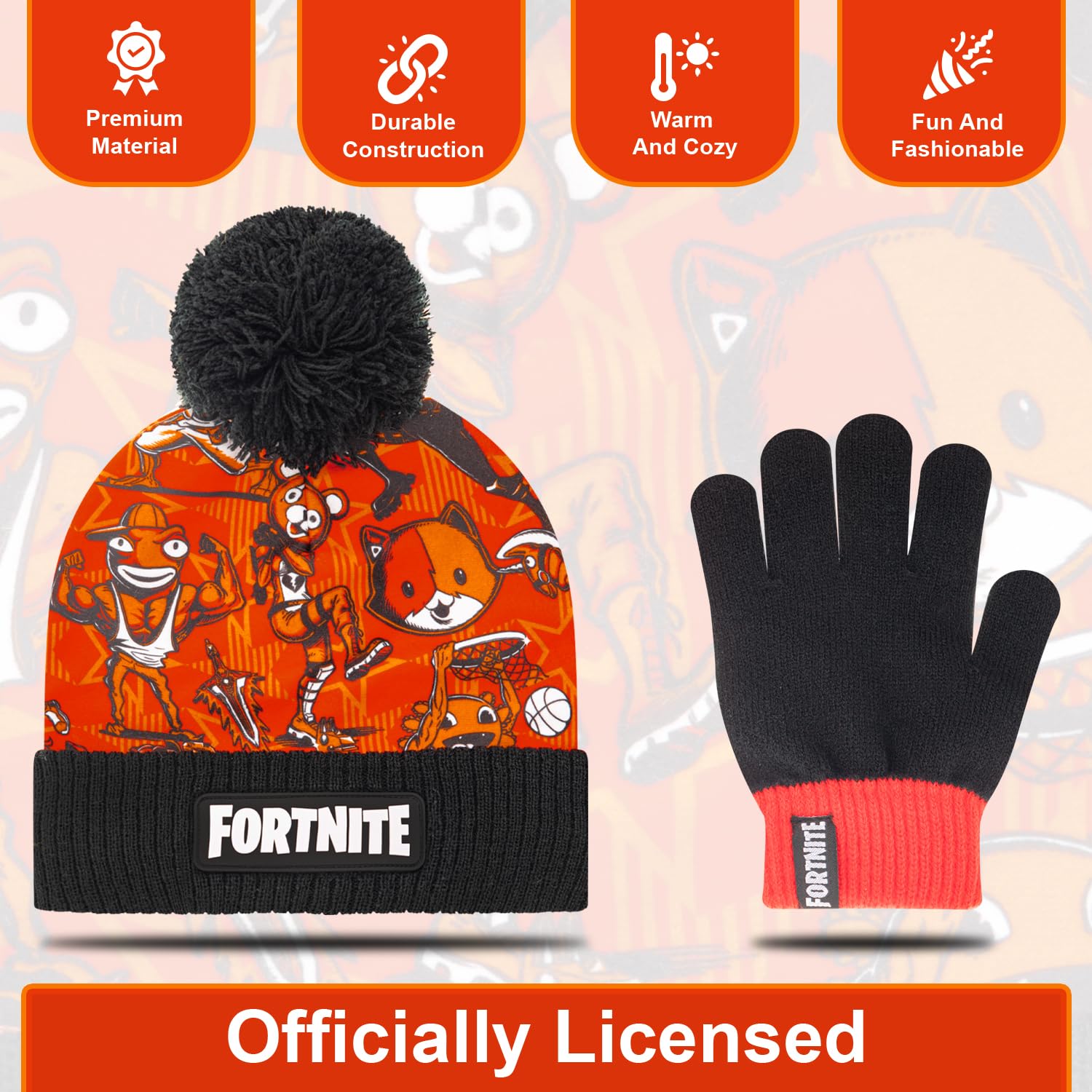 FORTNITE Chłopięca zimowa czapka beanie i rękawiczki śnieżne dla chłopców, 2-częściowy zestaw