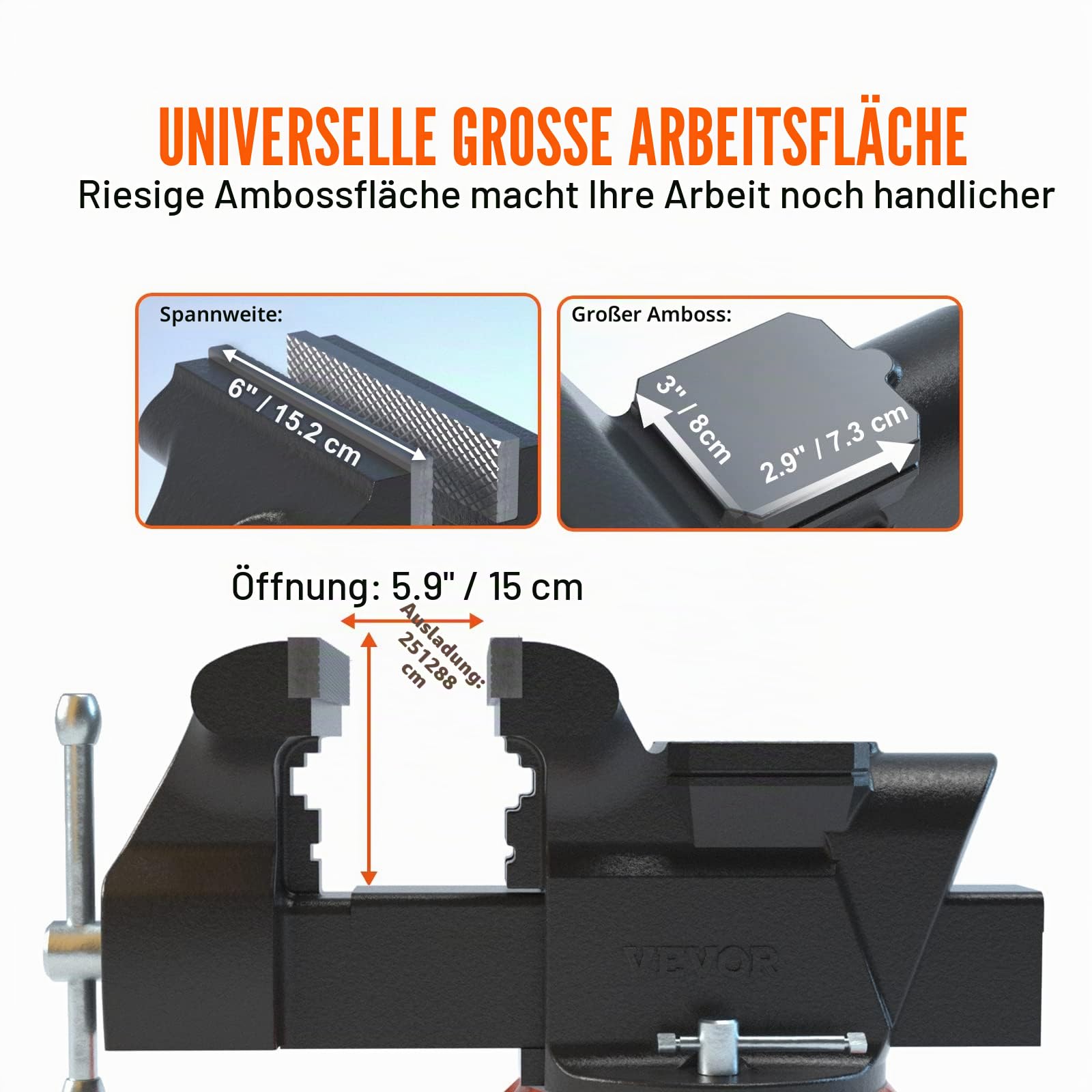 VEVOR 15,2cm Schraubstock 360° Drehbar Sphäroguss Werkbankschraubstock 7,3x8cm Amboss Schraubstock 15cm Backenöffnung Parallelschraubstock U-förmige Führungsstange zum Schärfen Schleifen Schneiden