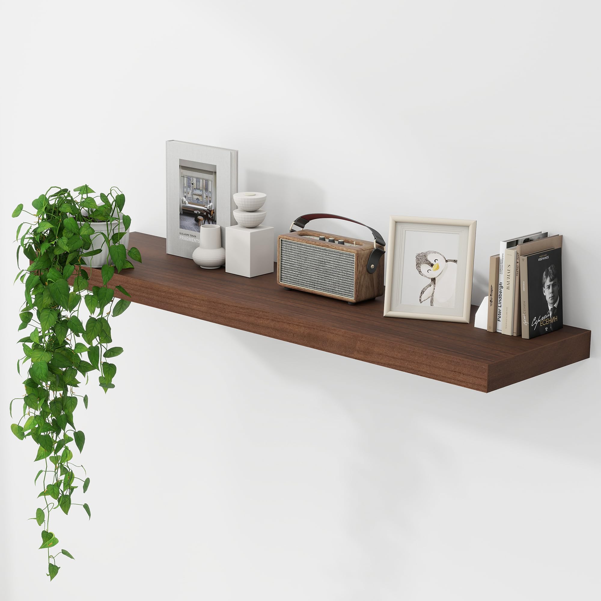 Fun Memories Floating Shelves 48 Inch Long, 9.3 Inch Deep Wall Shelf Fireplace Mantel, Rustic Farmhouse Solid Wood Shelves for Wall Decor Bathroom, Kitchen, Office, Walnut Color, Set of 1